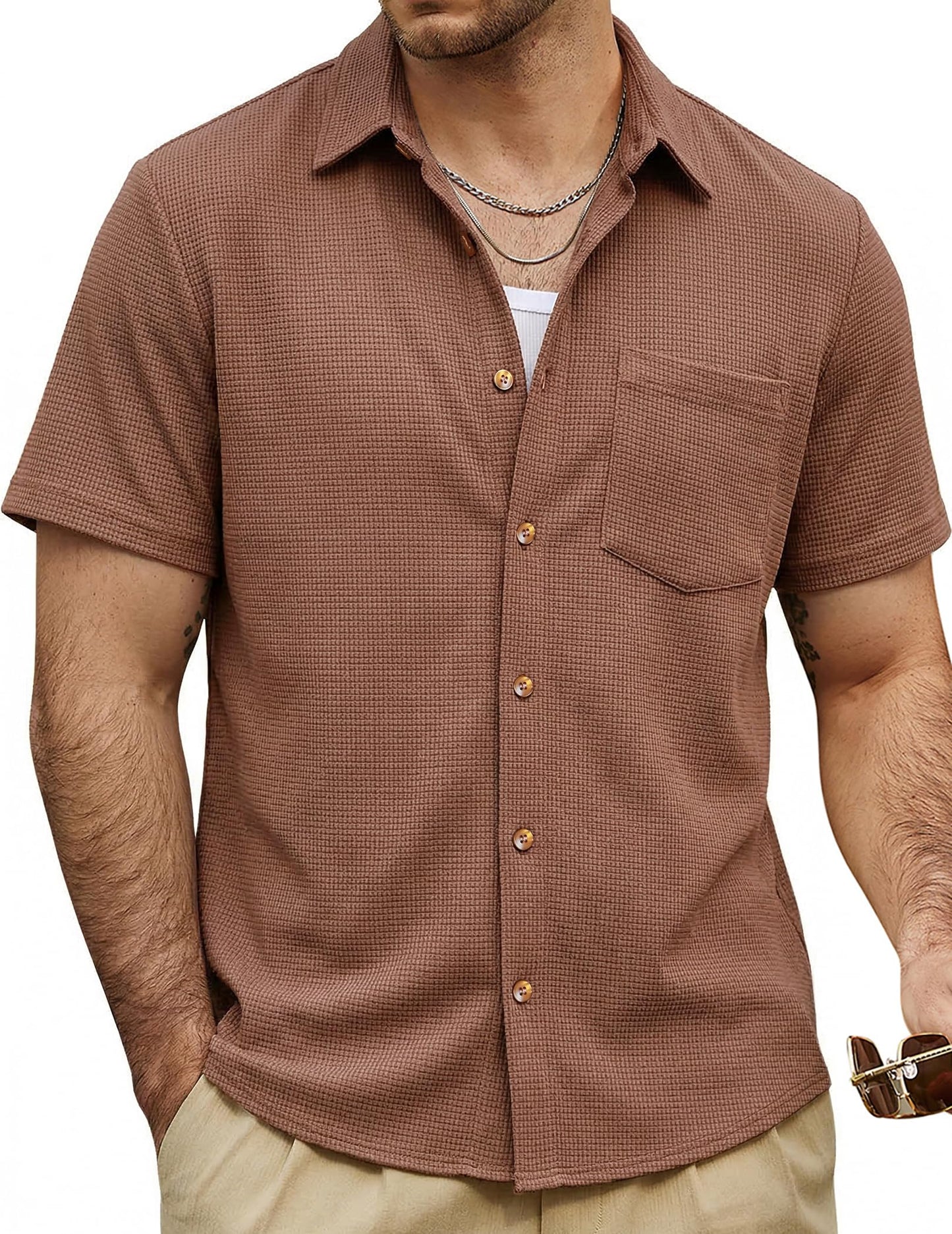 HOTVATPAVE Mens Casual Waffle Shirt Short Sleeve Button Down Summer Shirts | Beach, Untucked, Camp, Daily, Work, Family Photo, Old Money, Vacation, Collared, Wedding, Date, Cruise, Going Out, Pocket