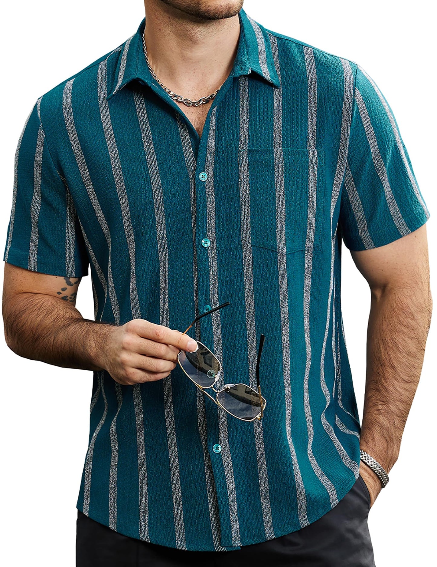 HOTVATPAVE Mens Summer Striped Shirts Button Down Short Sleeve Vintage Beach Hawaiian Shirts with Pocket