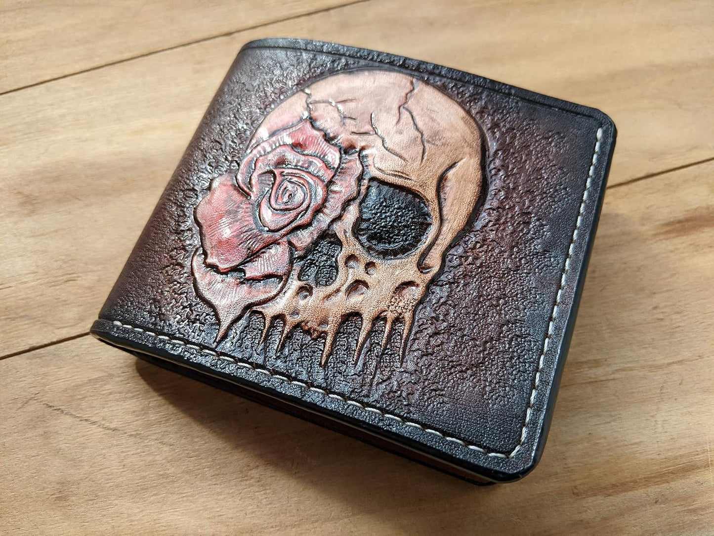 HOTMen's 3D Genuine Leather Wallet, Hand-Carved, Hand-Painted, Leather Carving, Custom wallet, Personalized wallet, Skull, Skeleton, Rose