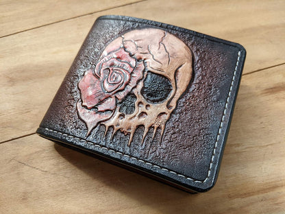 HOTMen's 3D Genuine Leather Wallet, Hand-Carved, Hand-Painted, Leather Carving, Custom wallet, Personalized wallet, Skull, Skeleton, Rose