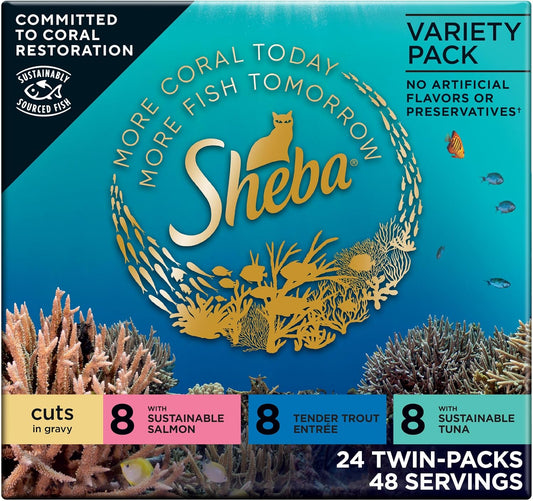 HOTSheba Perfect Portions Cuts Wet Cat Food, Seafood Pack, 2.6 oz, 24 ct | Sustainable salmon & tuna with tender trout, succulent cuts in gravy, no corn or soy, snap-peel-serve twin pack trays