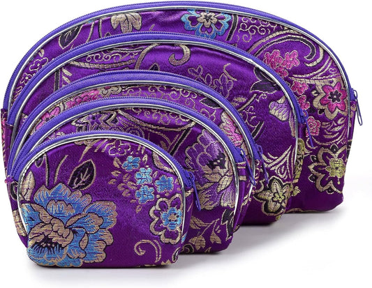 HOTKALIFANO 5pcs Purple Flower Jewelry & Coin Silk Pouch Brocade Embroidered Gift Bag/Purse - Oriental Chinese Style Travel Wallet with Zipper (Family Owned and Operated)