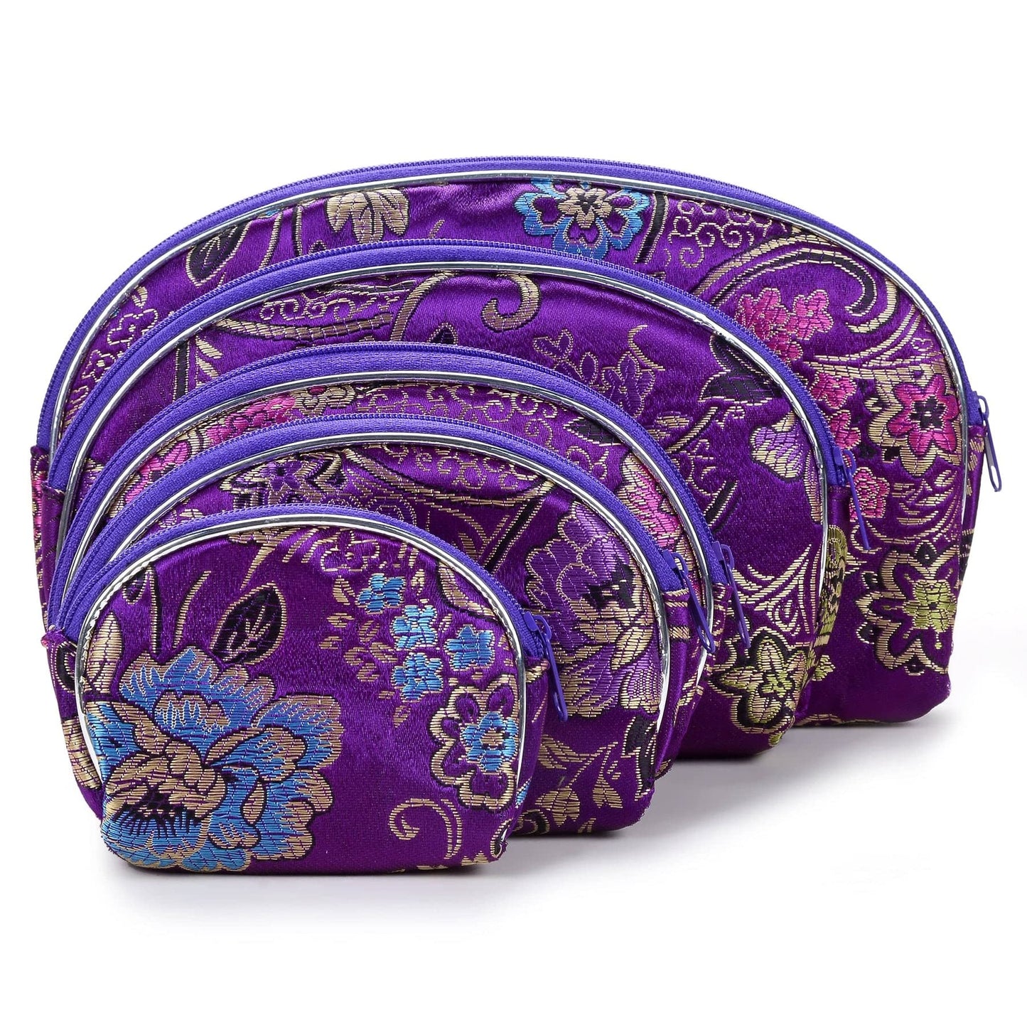 HOTKALIFANO 5pcs Purple Flower Jewelry & Coin Silk Pouch Brocade Embroidered Gift Bag/Purse - Oriental Chinese Style Travel Wallet with Zipper (Family Owned and Operated)