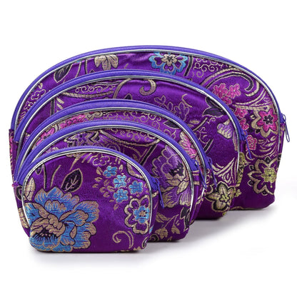 HOTKALIFANO 5pcs Purple Flower Jewelry & Coin Silk Pouch Brocade Embroidered Gift Bag/Purse - Oriental Chinese Style Travel Wallet with Zipper (Family Owned and Operated)