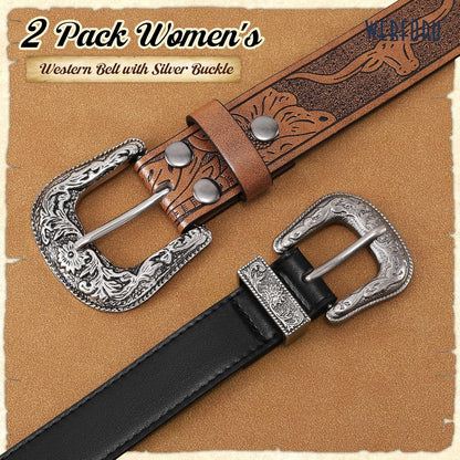 HOTWERFORU 2 Pack Women Western Leather Belts for Jeans Western Belts with Big Buckle Country Belts for Cowgirls