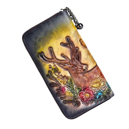HOTWallet Genuine Leather for Women - with RFID Blocking Card checkbook ID Slot Large Capacity Vintage style (flower brown)