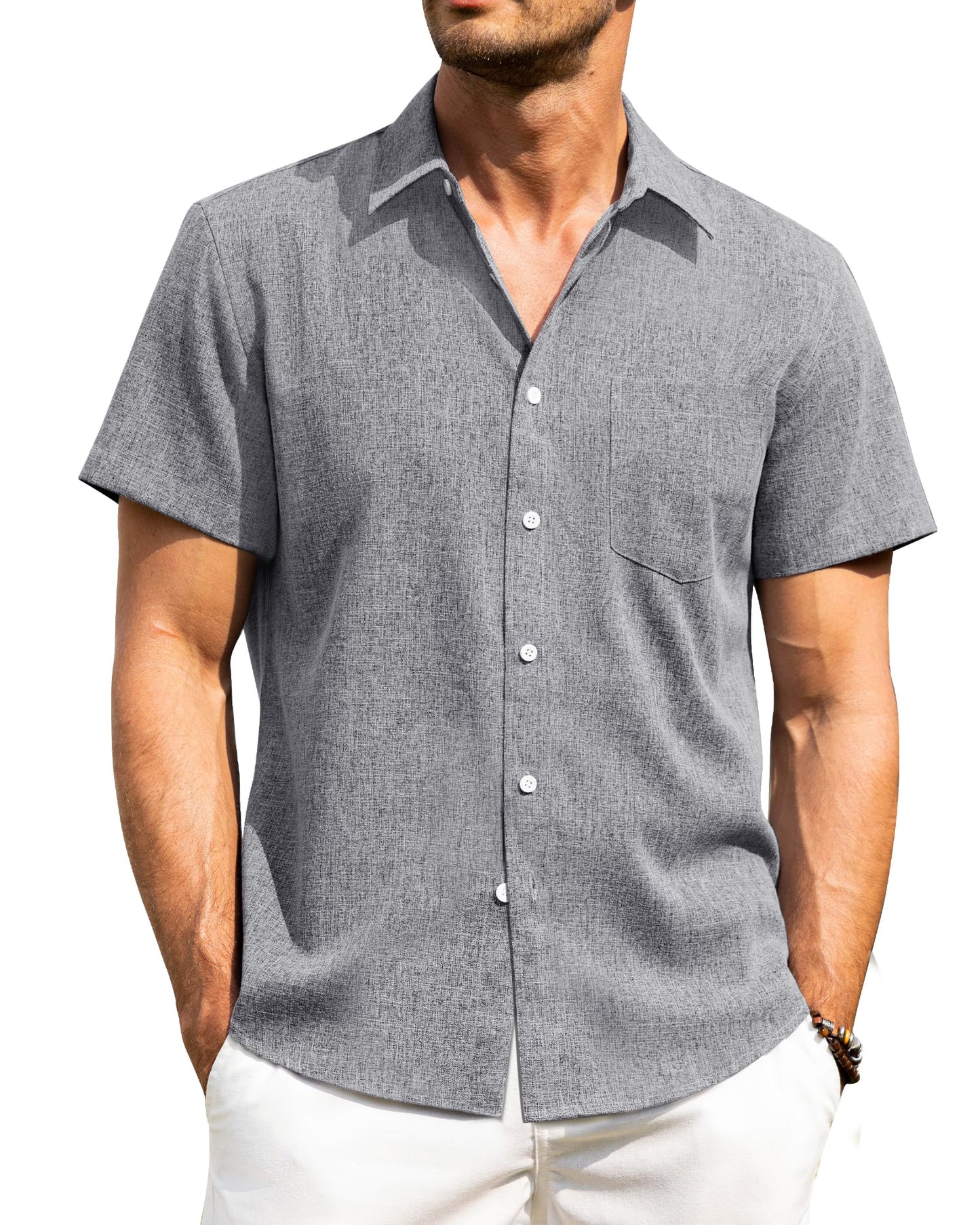 HOTAlimens & Gentle Mens Linen Shirts Short Sleeve Button Down Shirts Wrinkle Free Casual Vacation Beach Summer Tops