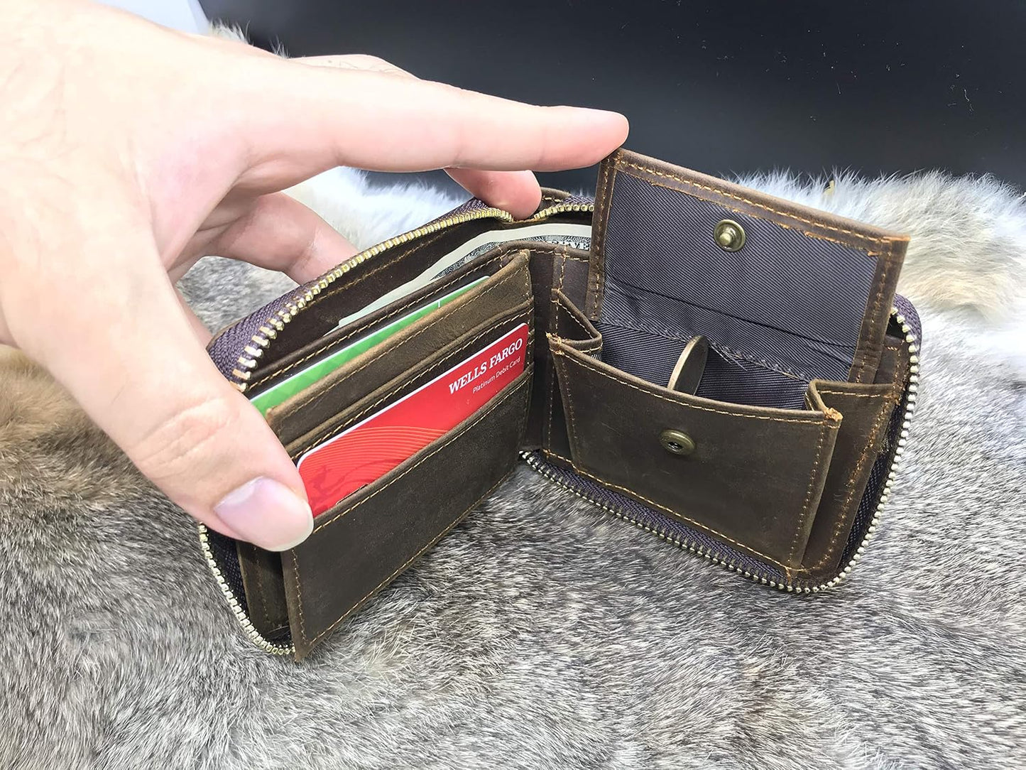 HOTPersonalized Leather Zipper wallet, Zip Around Wallet, Bifold Multi Card Holder Purse