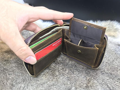 HOTPersonalized Leather Zipper wallet, Zip Around Wallet, Bifold Multi Card Holder Purse