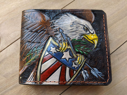 HOTAmerican Flag Bald Eagle Leather Wallet for Men – Patriotic USA Military Design – RFID Genuine Leather Bifold Biker Wallet, Embossed, Carved, Tooled & Painted Wallet, Custom Personalized Gift