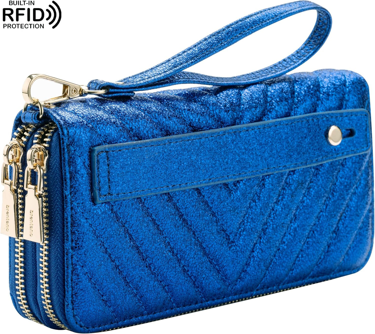HOTB BRENTANO Vegan Leather Double Zipper Pocket Wallet with Grip Hand Strap (BLUE GLITTER)