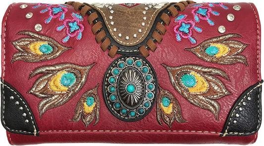 HOTZelris Turquoise Concho Peacock Feather Women Crossbody Wrist Trifold Wallet