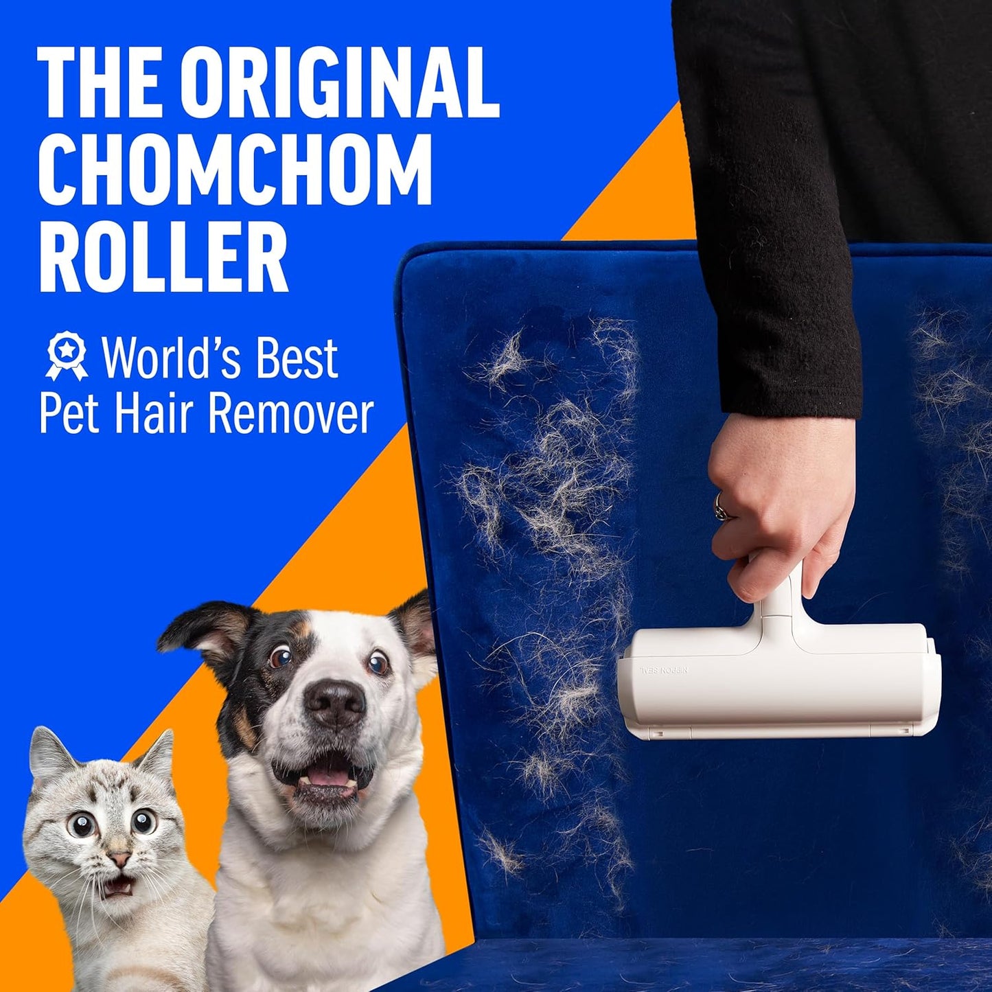 HOTChomChom Roller Pet Hair Remover – Original Size Reusable Lint Roller for Cat & Dog Hair on Furniture, Couch, Carpet, Car, Rugs & Bedding – Portable, Eco-Friendly (White)
