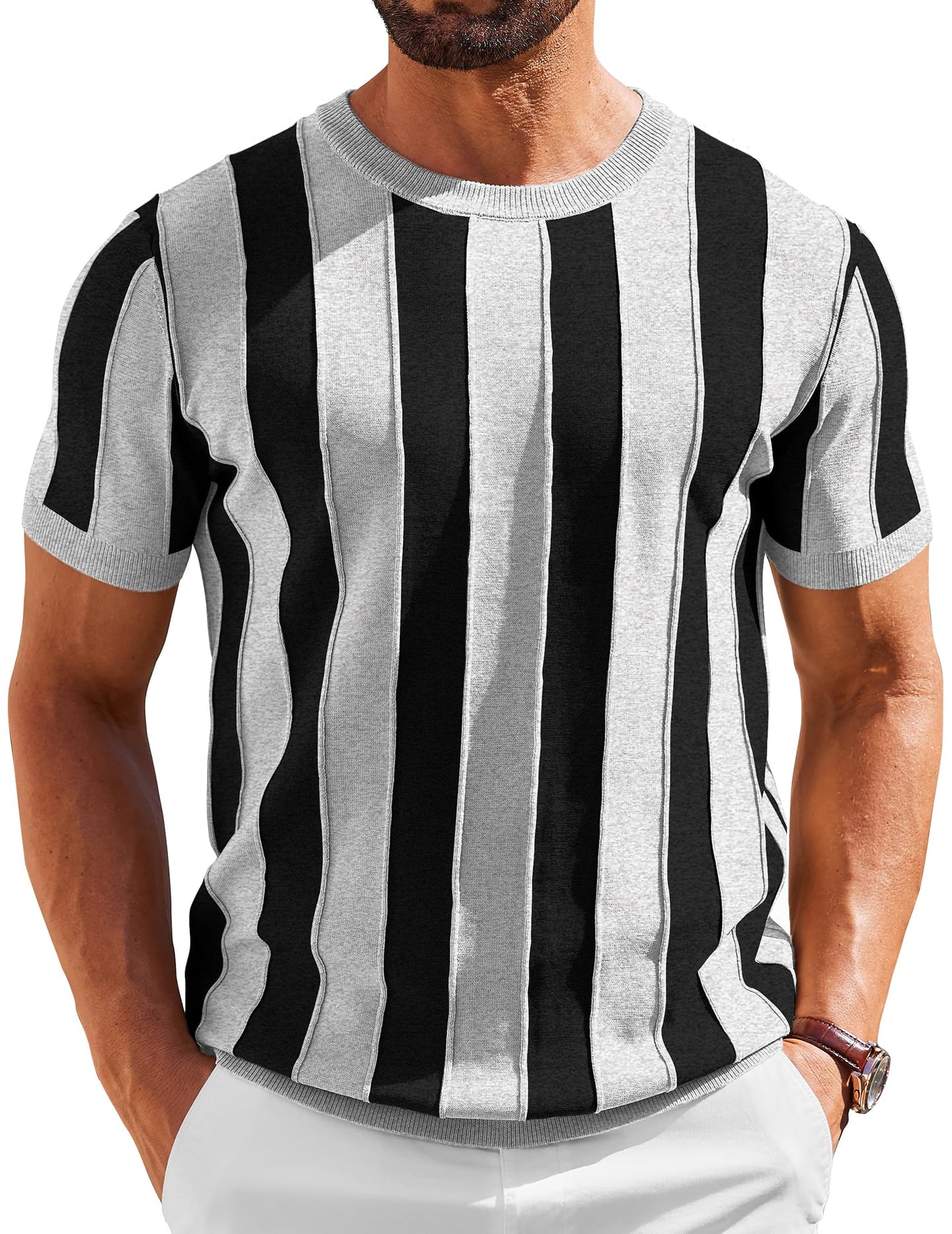 HOTCOOFANDY Men's T- Shirts Short Sleeve Knit Sweater Shirt Casual Crewneck Ribbed Pullover Tees