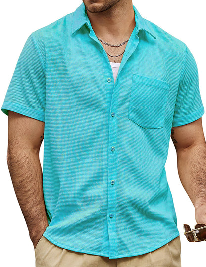 HOTVATPAVE Mens Casual Waffle Shirt Short Sleeve Button Down Summer Shirts | Beach, Untucked, Camp, Daily, Work, Family Photo, Old Money, Vacation, Collared, Wedding, Date, Cruise, Going Out, Pocket