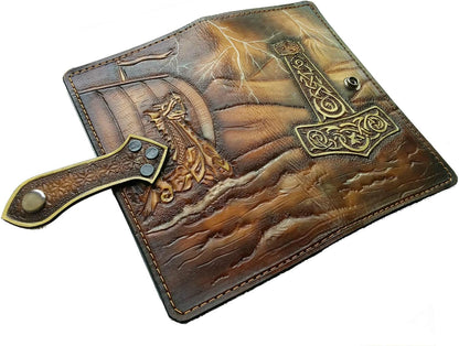 HOTKnarr, Viking Ship, Odin, Longship, Thor Hammer, Mjölnir, Men's 3D Genuine Leather Wallet, Long wallet, Biker Wallet, Handmade wallet, Carved wallet, Airbrush Art, Custom wallet, Personalized wallet