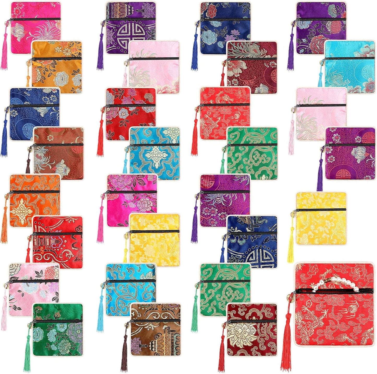 HOTLEIFIDE 30 Pcs Jewelry Silk Purse Pouch Chinese Silk Brocade Coin Purse Zipper Jewelry Bag Gift Pouch with Tassel Small Chinese Embroidered Organizers Pocket for Women Girls Necklace Earring Bracelet