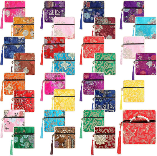 HOTLEIFIDE 30 Pcs Jewelry Silk Purse Pouch Chinese Silk Brocade Coin Purse Zipper Jewelry Bag Gift Pouch with Tassel Small Chinese Embroidered Organizers Pocket for Women Girls Necklace Earring Bracelet