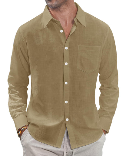 HOTJ.VER Men's Linen Shirts Casual Button Down Long Sleeve Shirt Solid Spread Collar Summer Beach Shirts with Pocket