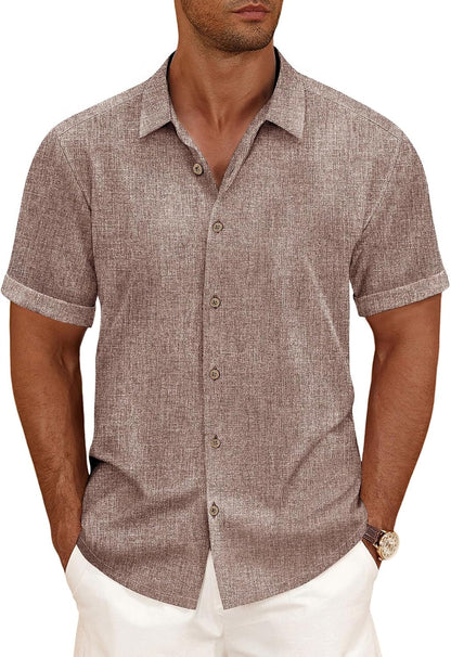 HOTCURBODO Linen Blend Shirts for Men Casual Short Sleeve Button Down Shirt Cool Summer Beach Wedding Vacation Tops