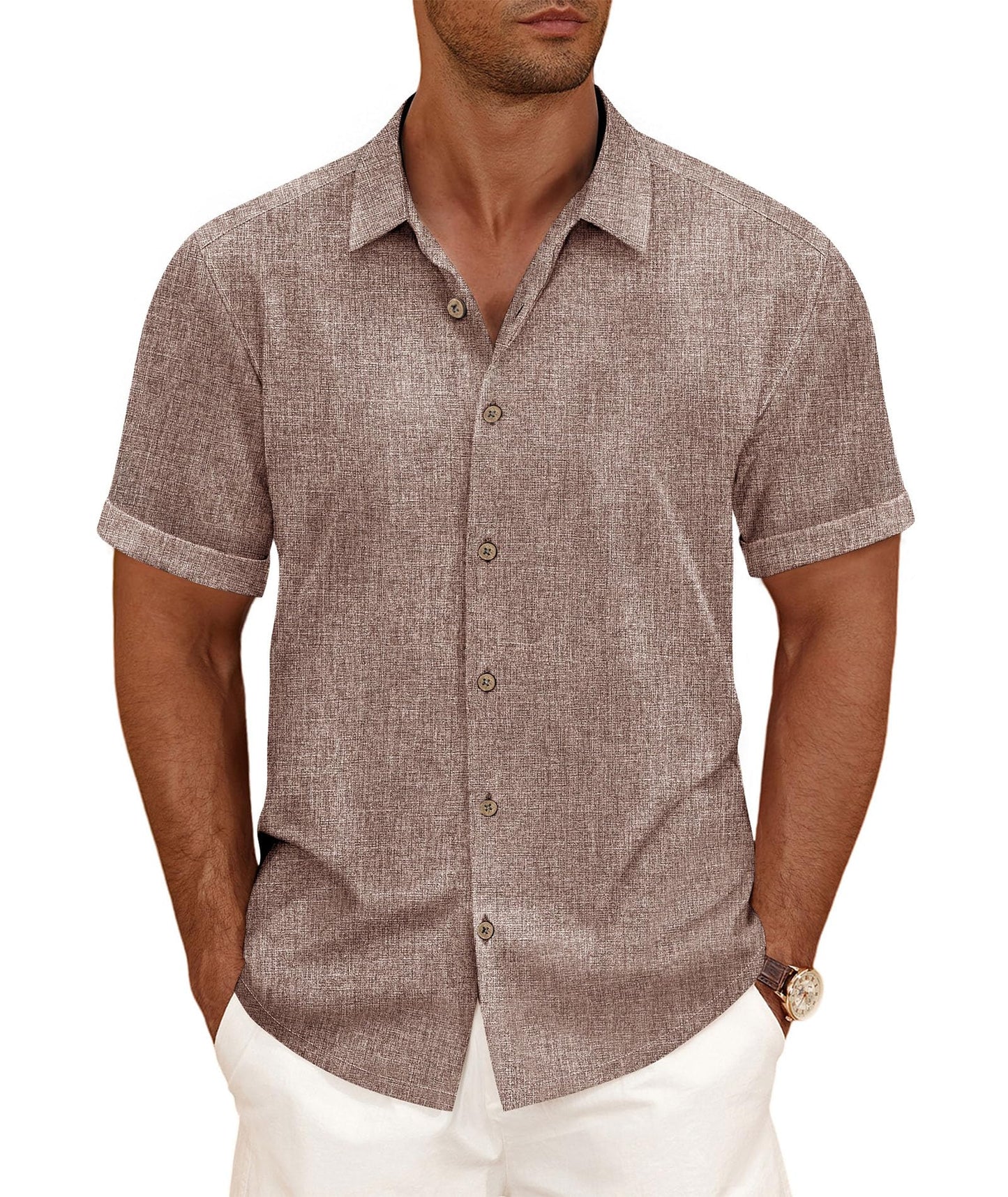 HOTCURBODO Linen Blend Shirts for Men Casual Short Sleeve Button Down Shirt Cool Summer Beach Wedding Vacation Tops