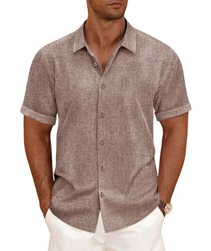 HOTCURBODO Linen Blend Shirts for Men Casual Short Sleeve Button Down Shirt Cool Summer Beach Wedding Vacation Tops