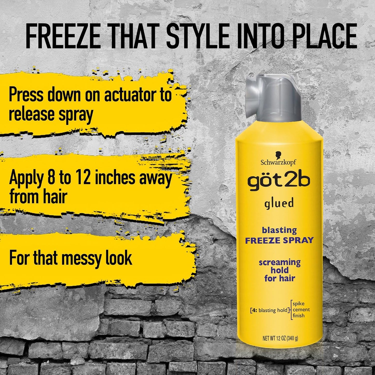 HOTgot2b Glued Blasting Freeze Hair Spray, 12 Fl Oz, Pack of 2, Extra Strong Holding Spray for Spikes & Styles, Long-Lasting All-Day Hold, Wind-Tested, Humidity-Resistant, Washes Out Easily