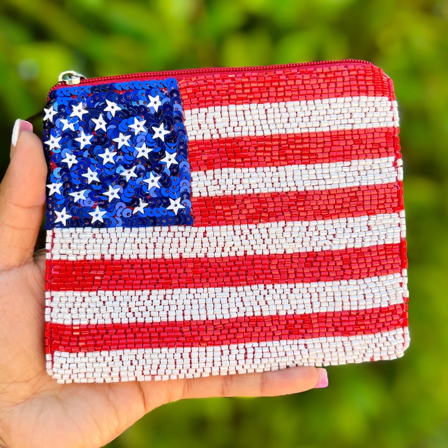 HOTTwine and Love USA Flag Beaded Pouch Purse, Blue Red White Small Wallet, Zipper Closure