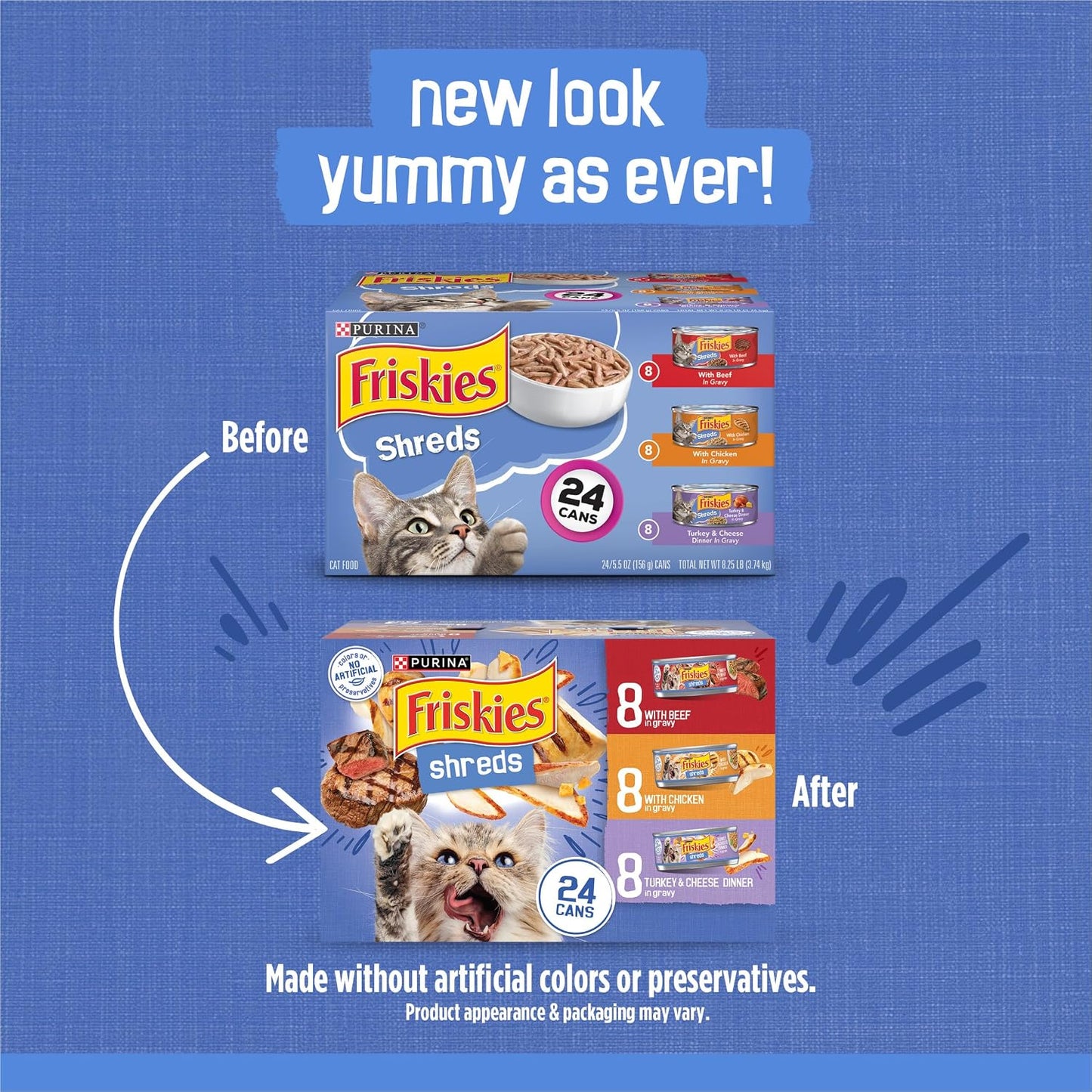 HOTPurina Friskies Gravy Wet Cat Food Variety Pack, Shreds With Beef, With Chicken, and Turkey and Cheese Dinner - (Pack of 24) 5.5 oz. Cans