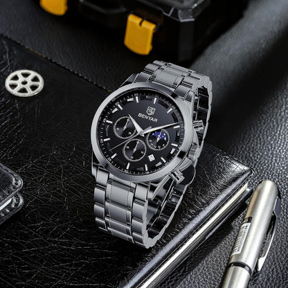 HOTBENYAR Mens Watches Analog Quartz Chronograph Waterproof Wrist Watches for Men Fashion Business Work Casual Sport Designer Dress Watch with Calendar Elegant Gifts for Men
