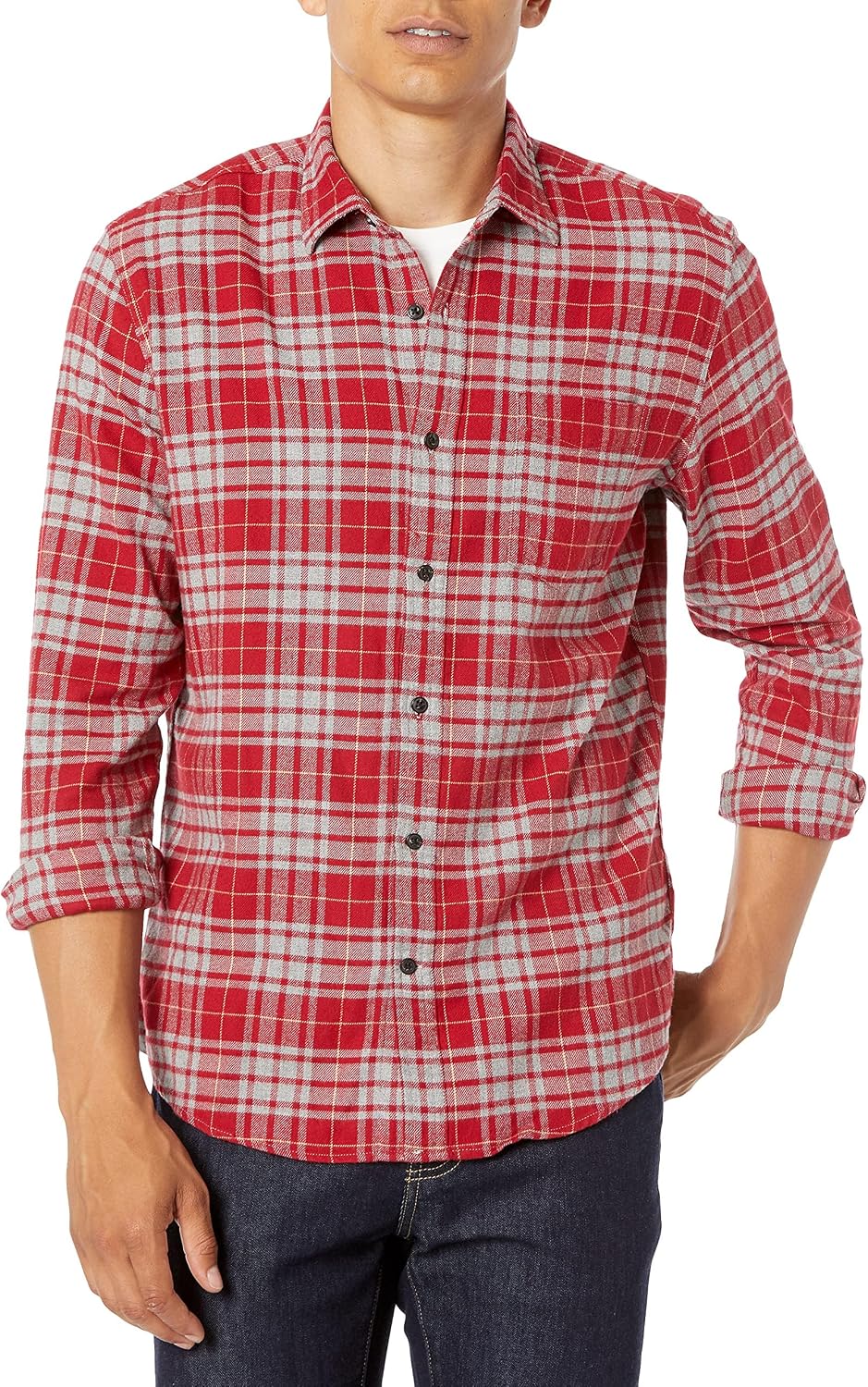 HOTAmazon Essentials Men's Regular Fit Long-Sleeve Flannel Shirt, Soft Brushed Cotton, Lightweight yet Warm
