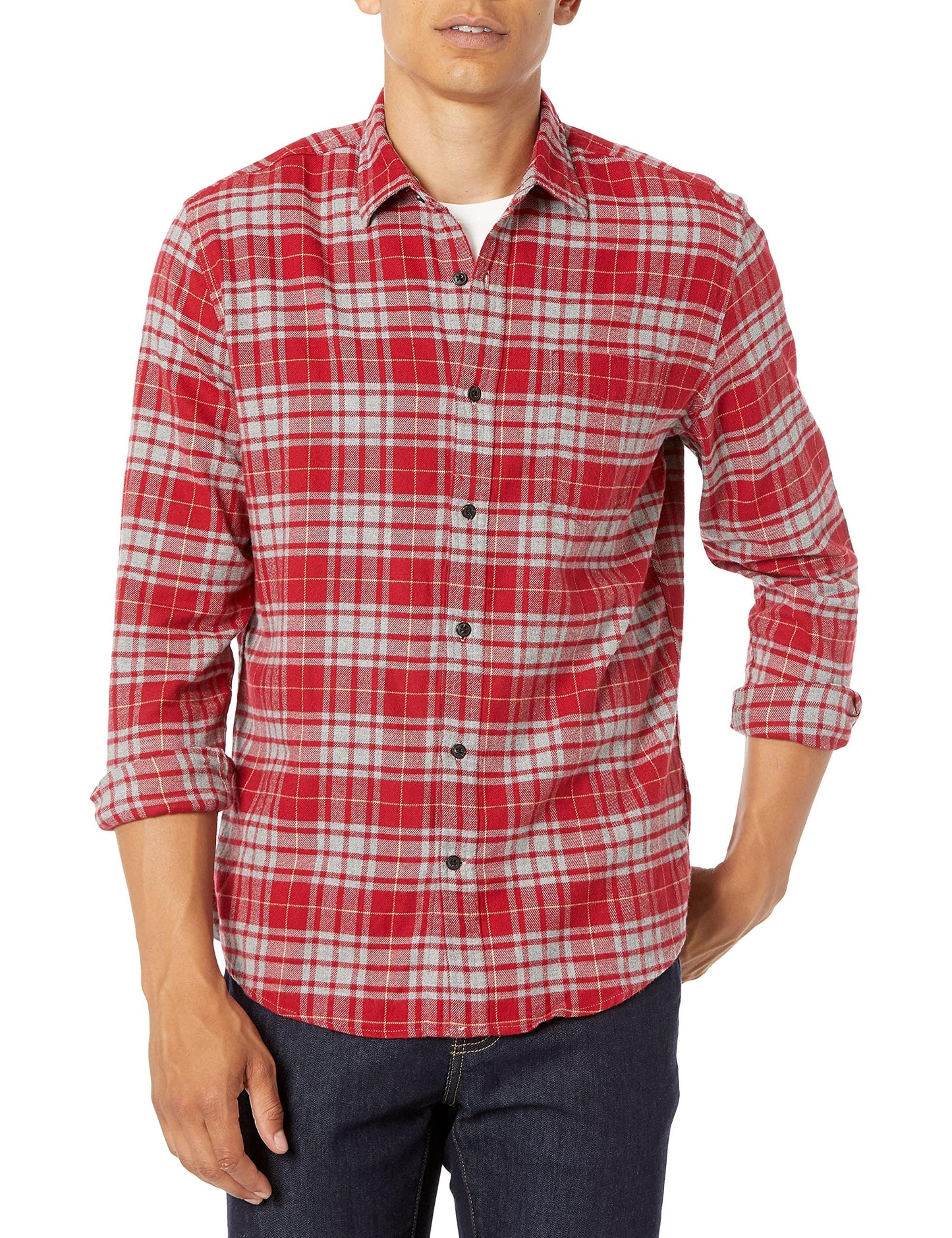HOTAmazon Essentials Men's Regular Fit Long-Sleeve Flannel Shirt, Soft Brushed Cotton, Lightweight yet Warm