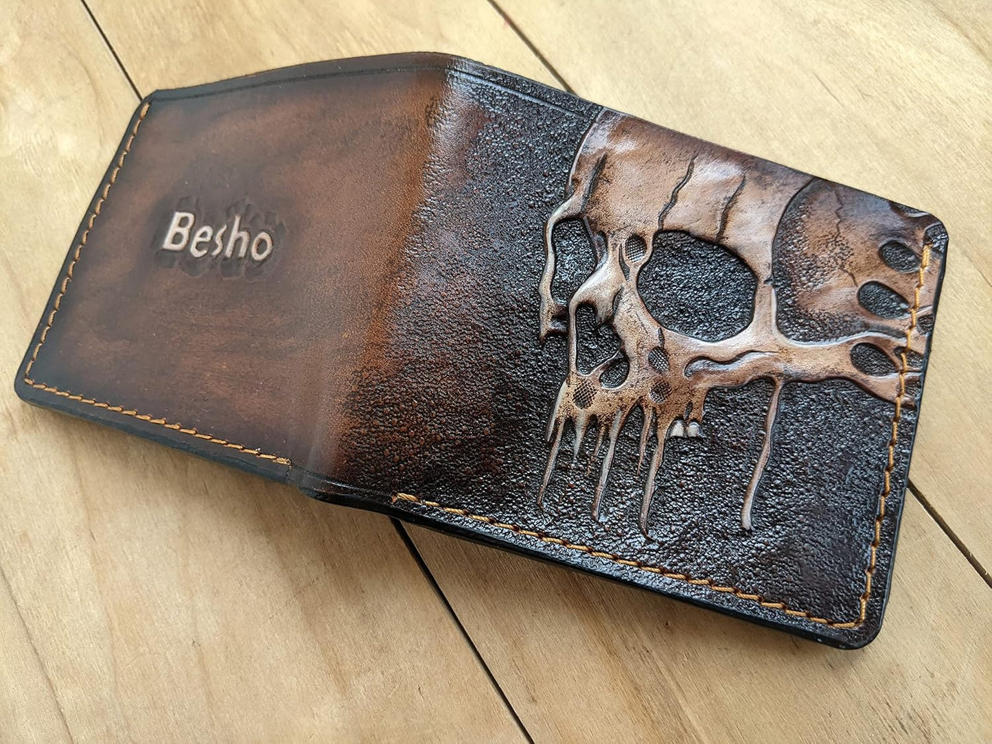 HOTMelting Skull Zombie Skeleton Leather Wallet for Men – Dark Fantasy Skeleton Design – RFID Genuine Leather Bifold Biker Wallet, Embossed, Carved, Tooled & Painted Wallet, Custom Personalized Gift