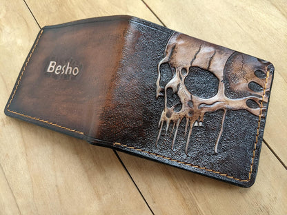 HOTMelting Skull Zombie Skeleton Leather Wallet for Men – Dark Fantasy Skeleton Design – RFID Genuine Leather Bifold Biker Wallet, Embossed, Carved, Tooled & Painted Wallet, Custom Personalized Gift