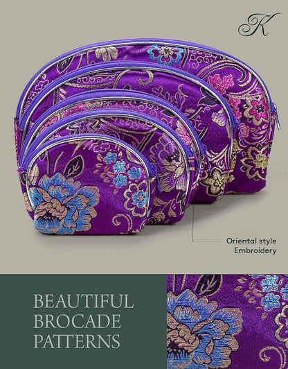 HOTKALIFANO 5pcs Purple Flower Jewelry & Coin Silk Pouch Brocade Embroidered Gift Bag/Purse - Oriental Chinese Style Travel Wallet with Zipper (Family Owned and Operated)