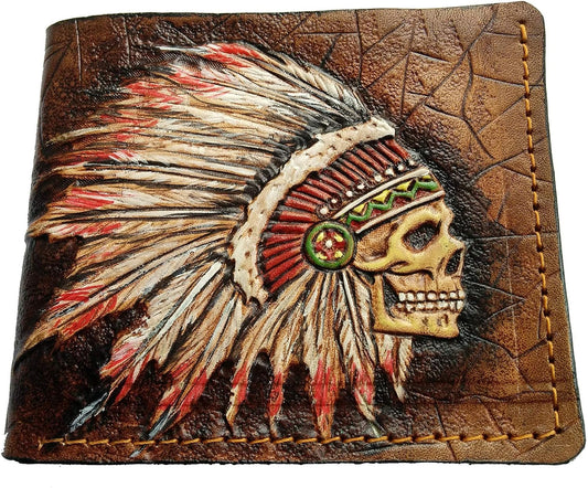 HOTIndian Chief Skull Leather Wallet for Men – Patriotic Native American Tribal Design with Feather Headdress – RFID Genuine Leather Bifold Biker Wallet, Carved & Tooled Wallet, Custom Personalized Gift