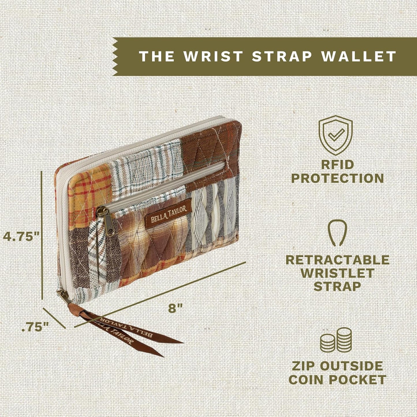 HOTBella Taylor Wrist Strap Wallet, Quilted Wristlet for Women | Lightweight, RFID blocking wristlet wallet, 11 card organizer, 4 cash/receipt slots, secure zipper, holds more, stays slim