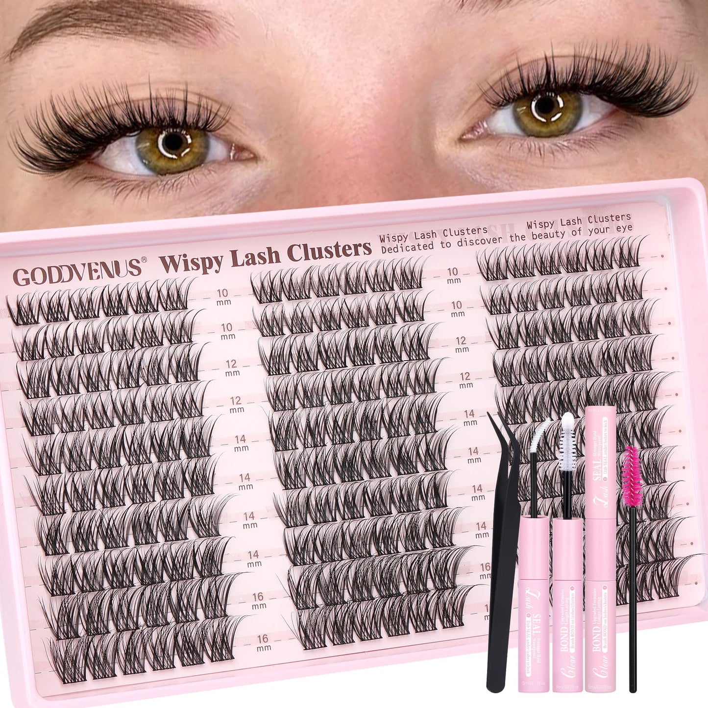 HOTGoddvenus Lash Clusters Kit Wispy Eyelash Clusters Lashes Natural DIY Lash Extension Kit 10-16mm Cluster Eyelash Extensions Kit 300pcs C Curl Individual Lashes Cluster Eyelash (No Tweezers)