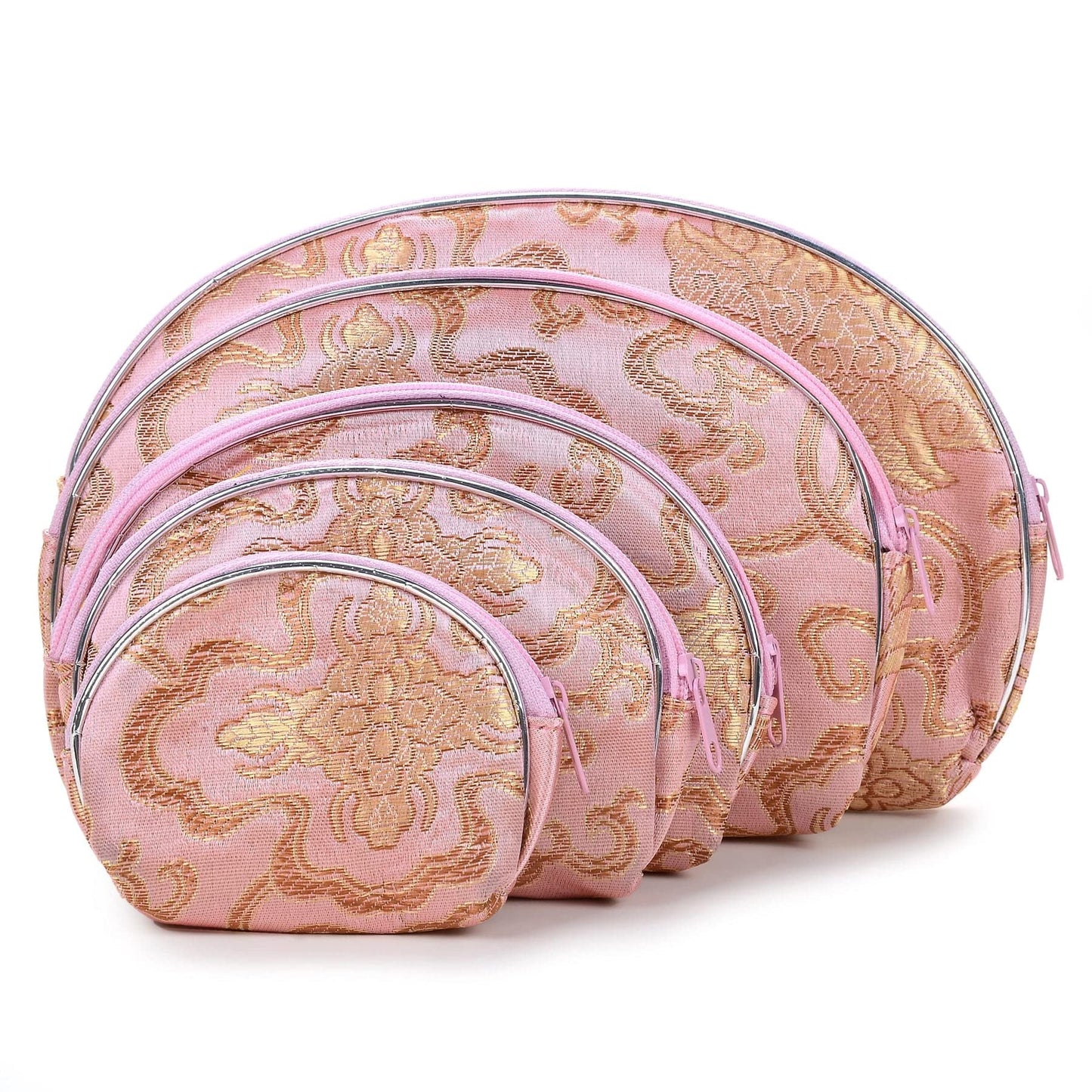 HOTKALIFANO 5pcs Purple Flower Jewelry & Coin Silk Pouch Brocade Embroidered Gift Bag/Purse - Oriental Chinese Style Travel Wallet with Zipper (Family Owned and Operated)