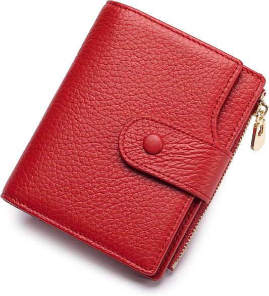 HOTGenuine Leather Wallets for Women RFID Blocking Bifold with Zipper Pocket, 2 ID Windows, 18 Card Slots, Red