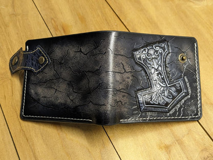 HOTCeltic Style, Mjolnir, Thor Hammer, Crow, Raven, Odin, Norse Knots, Viking, Men's 3D Genuine Leather Wallet, Handmade wallet, Carved wallet, Tooled wallet, Bifold wallet, Custom Personalized wallet
