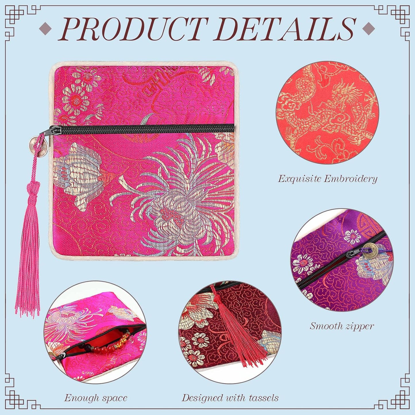 HOTLEIFIDE 30 Pcs Jewelry Silk Purse Pouch Chinese Silk Brocade Coin Purse Zipper Jewelry Bag Gift Pouch with Tassel Small Chinese Embroidered Organizers Pocket for Women Girls Necklace Earring Bracelet