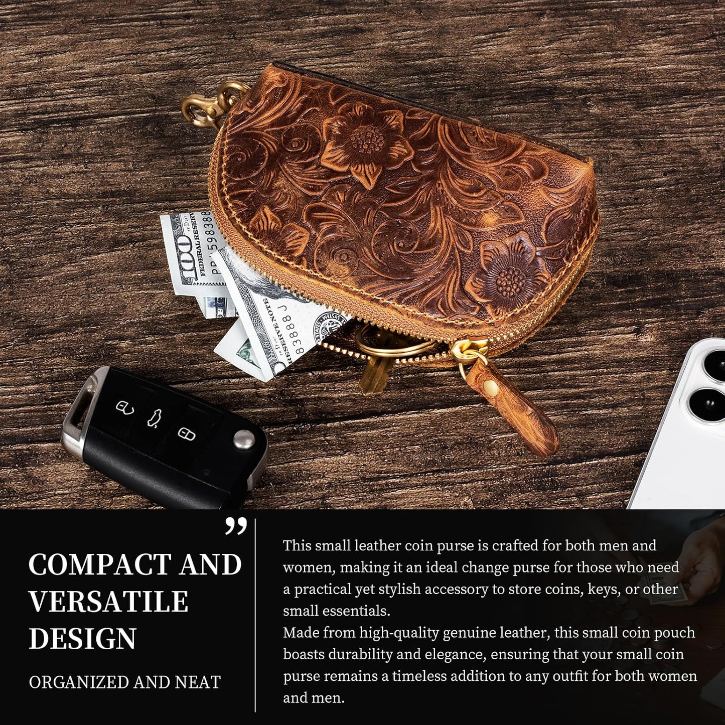 HOTGexmil Genuine Leather Coin Purse with Zipper, Mini Coin Pouch | Full Grain Leather Bag for Women Men,Change Wallet,Zipper Closure,Earbuds Chargers Cables,Floral Brown