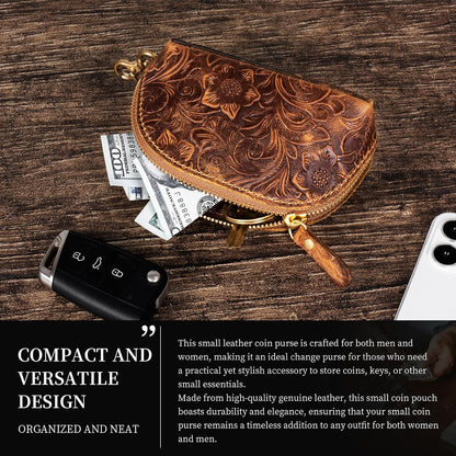 HOTGexmil Genuine Leather Coin Purse with Zipper, Mini Coin Pouch | Full Grain Leather Bag for Women Men,Change Wallet,Zipper Closure,Earbuds Chargers Cables,Floral Brown