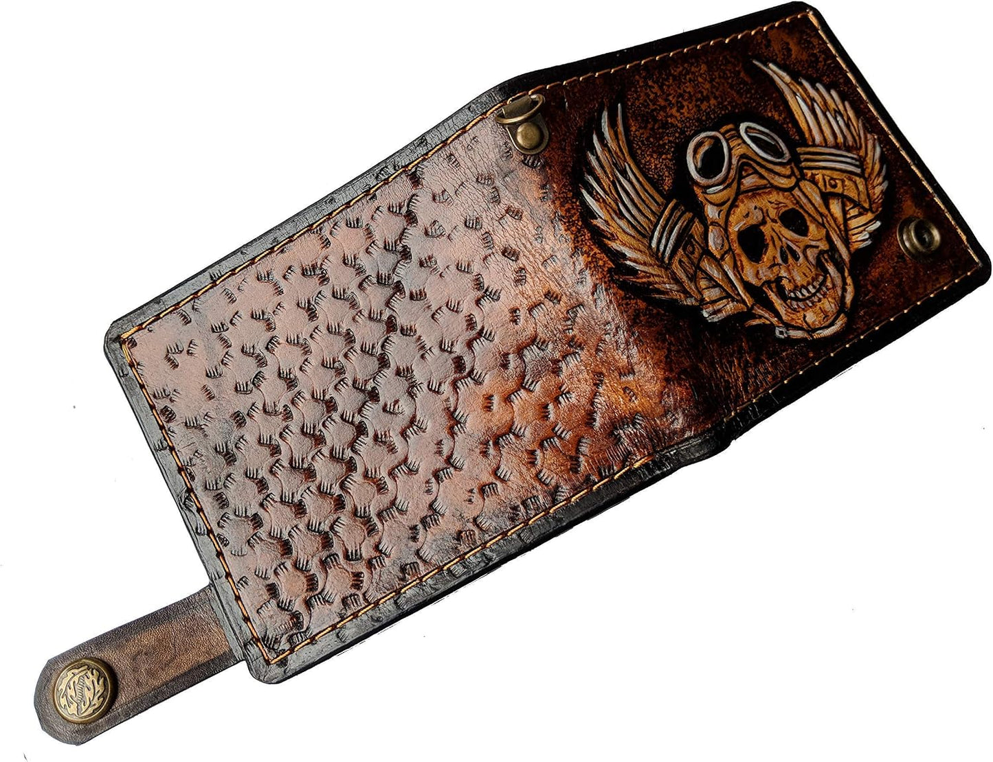 HOTMen's 3D Genuine Leather Wallet, Hand-Carved, Hand-Painted, Leather Carving, Custom wallet, Personalized wallet, Bike wallet, Skull and Wings wallet, Biker wallet
