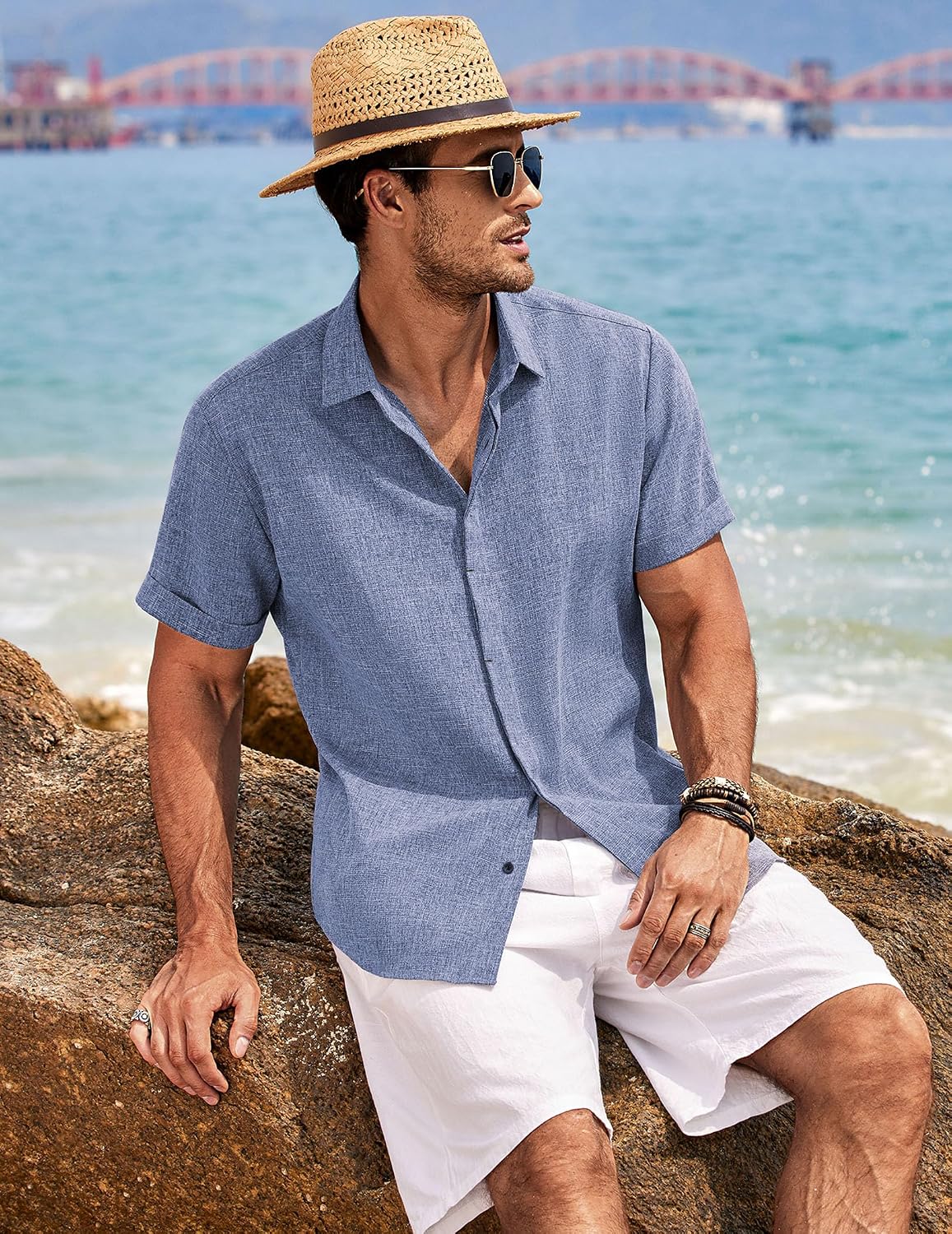 HOTCOOFANDY Men's Linen Shirts Short Sleeve Casual Shirts Button Down Shirt for Men Beach Summer Wedding Shirt