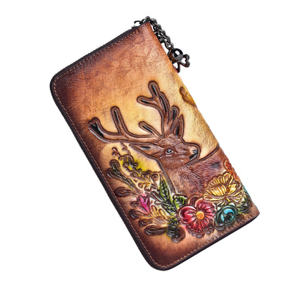 HOTWallet Genuine Leather for Women - with RFID Blocking Card checkbook ID Slot Large Capacity Vintage style (flower brown)
