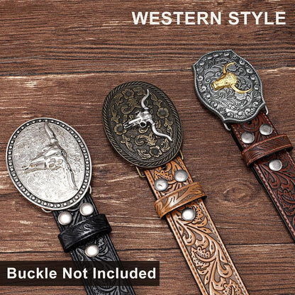 HOTSANSTHS 3 Pack Western Belts for Men Woman without Buckle, Cowgirl Cowboy Belt for Buckle Western Leather Belt for Jeans | Embossed Genuine Leather, 1.5" Wide Belt, 3 Snap Buttons, Classic Cowboy Style, for Western buckle Rodeos Costume Party Gifts