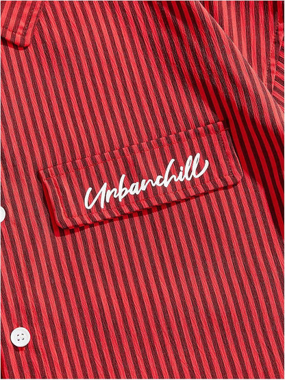 HOTGORGLITTER Men's Striped Button Down Up Cropped T Shirt Short Sleeve Letter Summer Vacation Shirts Boxy Tees Streetwear | Vintage Gingham Shirt, Drop Shoulder Crop Top, Y2K Streetwear, Summer Vacation Clothes