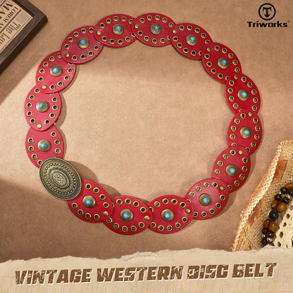 HOTTRIWORKS Western Belts for Women Wide Cowgirl Disc Belt with Turquoise Boho Concho Leather Belt Country Belt for Dress